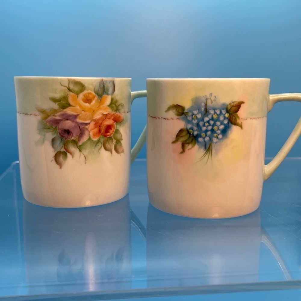 Coffee Mugs set of 2 Hand Painted Floral Mugs signed “J Vincent ‘84”